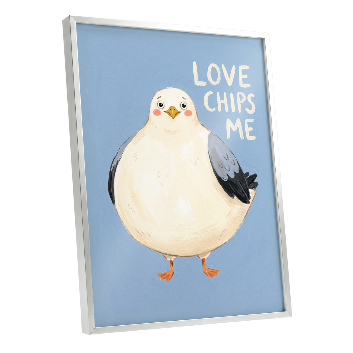 Chips, Please!, blue, white, beige nature wall art shown as a silver framed poster wall art print