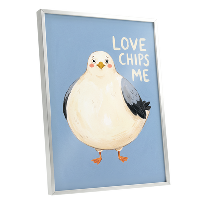 Chips, Please!, blue, white, beige nature wall art shown as a silver framed poster wall art print