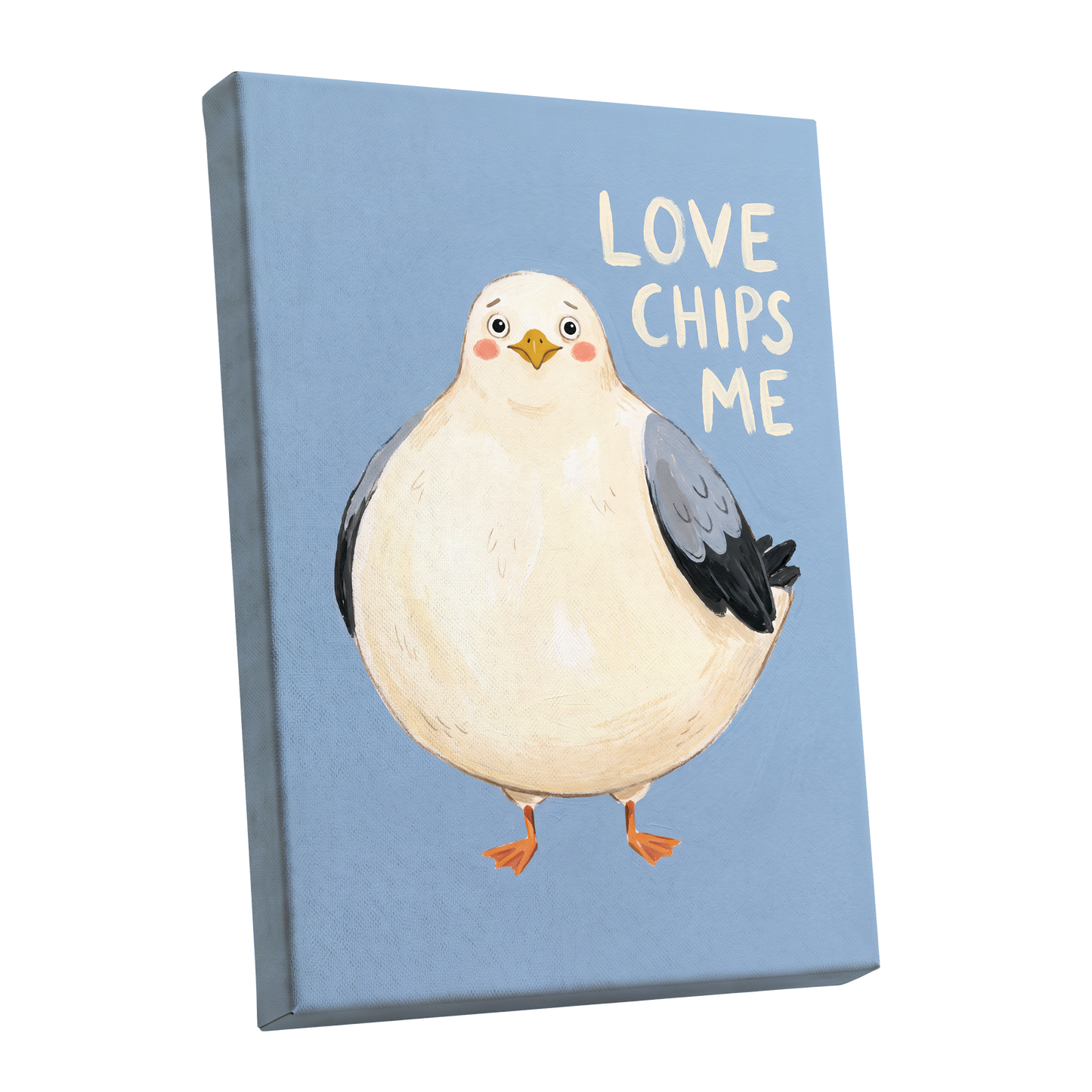Chips, Please!, blue, white, beige nature wall art shown as a stretched canvas wall art