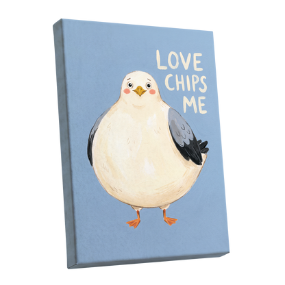 Chips, Please!, blue, white, beige nature wall art shown as a stretched canvas wall art