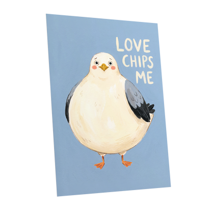 Chips, Please!, blue, white, beige nature wall art shown as a unframed poster wall art print