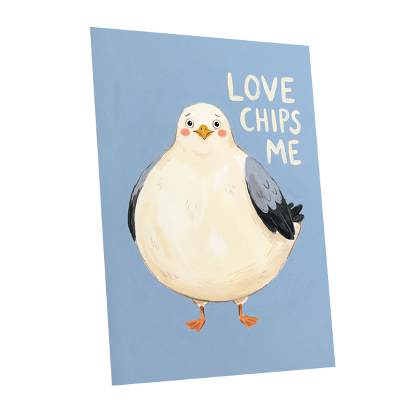 Chips, Please!, blue, white, beige nature wall art shown as a unframed poster wall art print