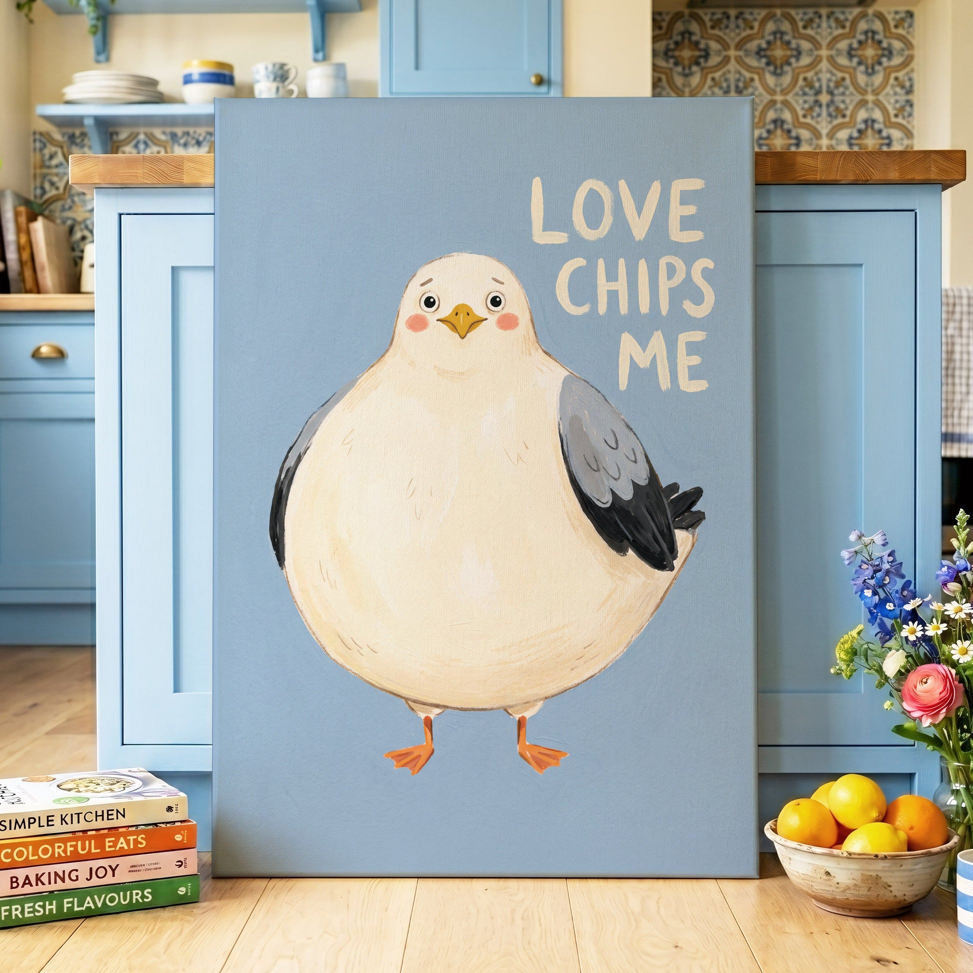Chips, Please!, blue, white, beige nature wall art displayed in a styled interior, gallery view 3