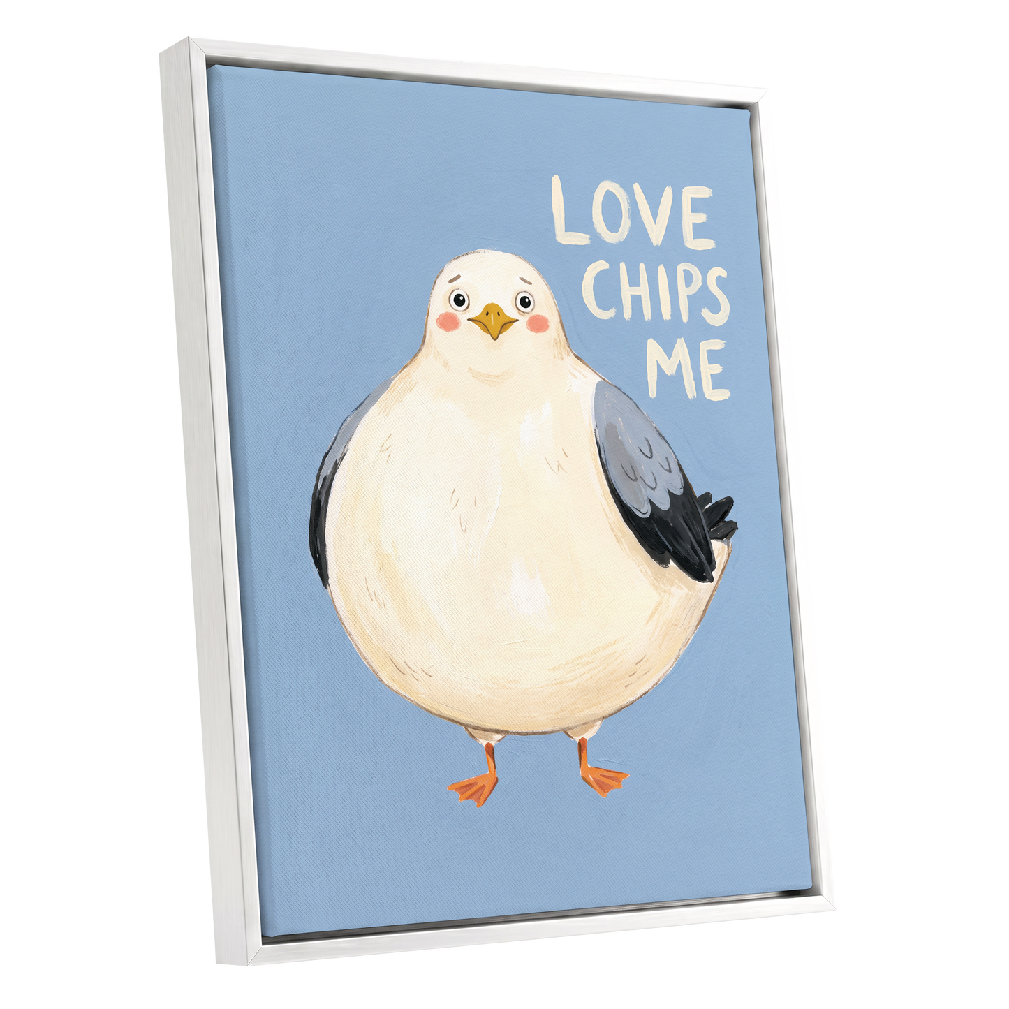Chips, Please!, blue, white, beige nature wall art shown as a white framed canvas wall art