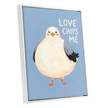 Chips, Please!, blue, white, beige nature wall art shown as a white framed canvas wall art