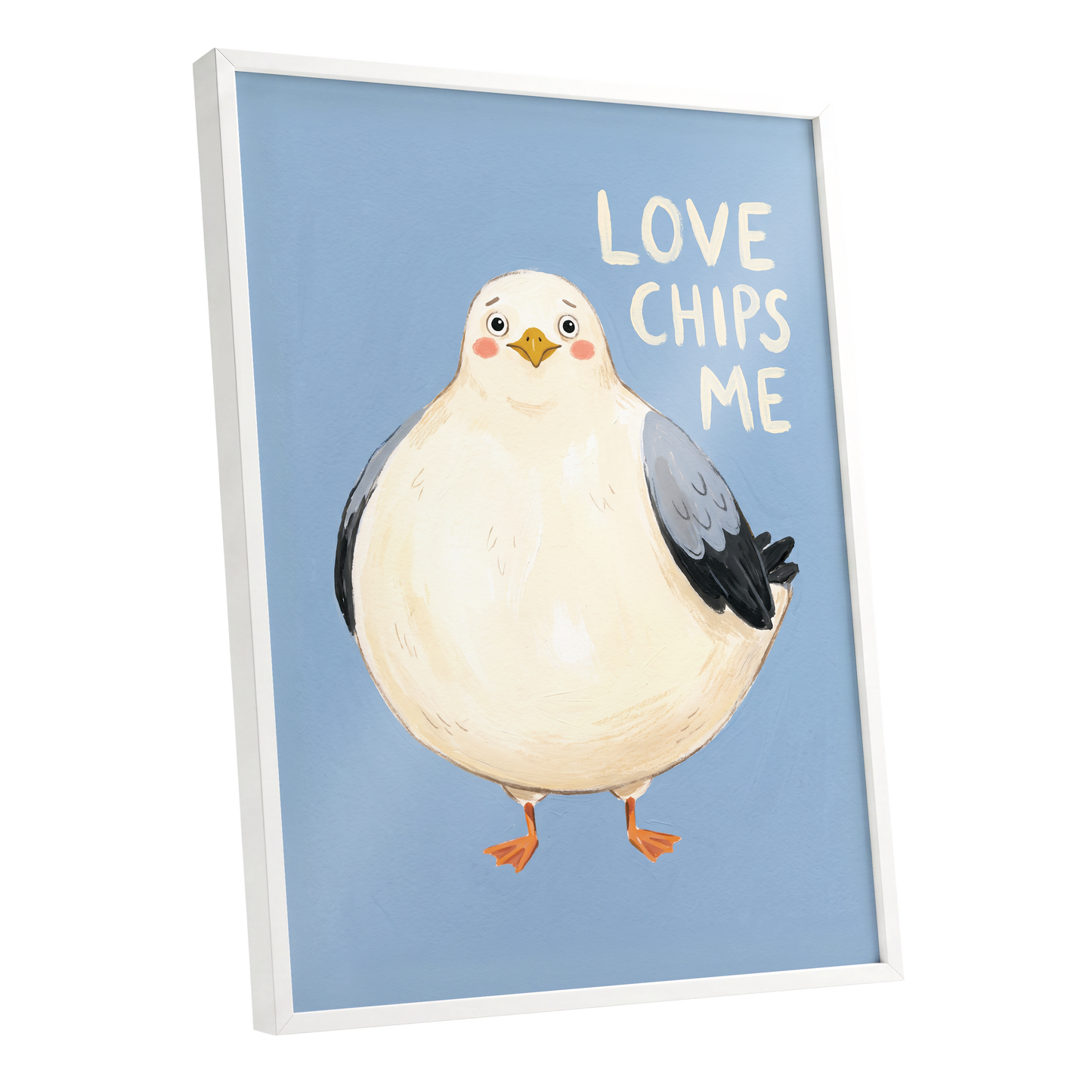 Chips, Please!, blue, white, beige nature wall art shown as a white framed poster wall art print
