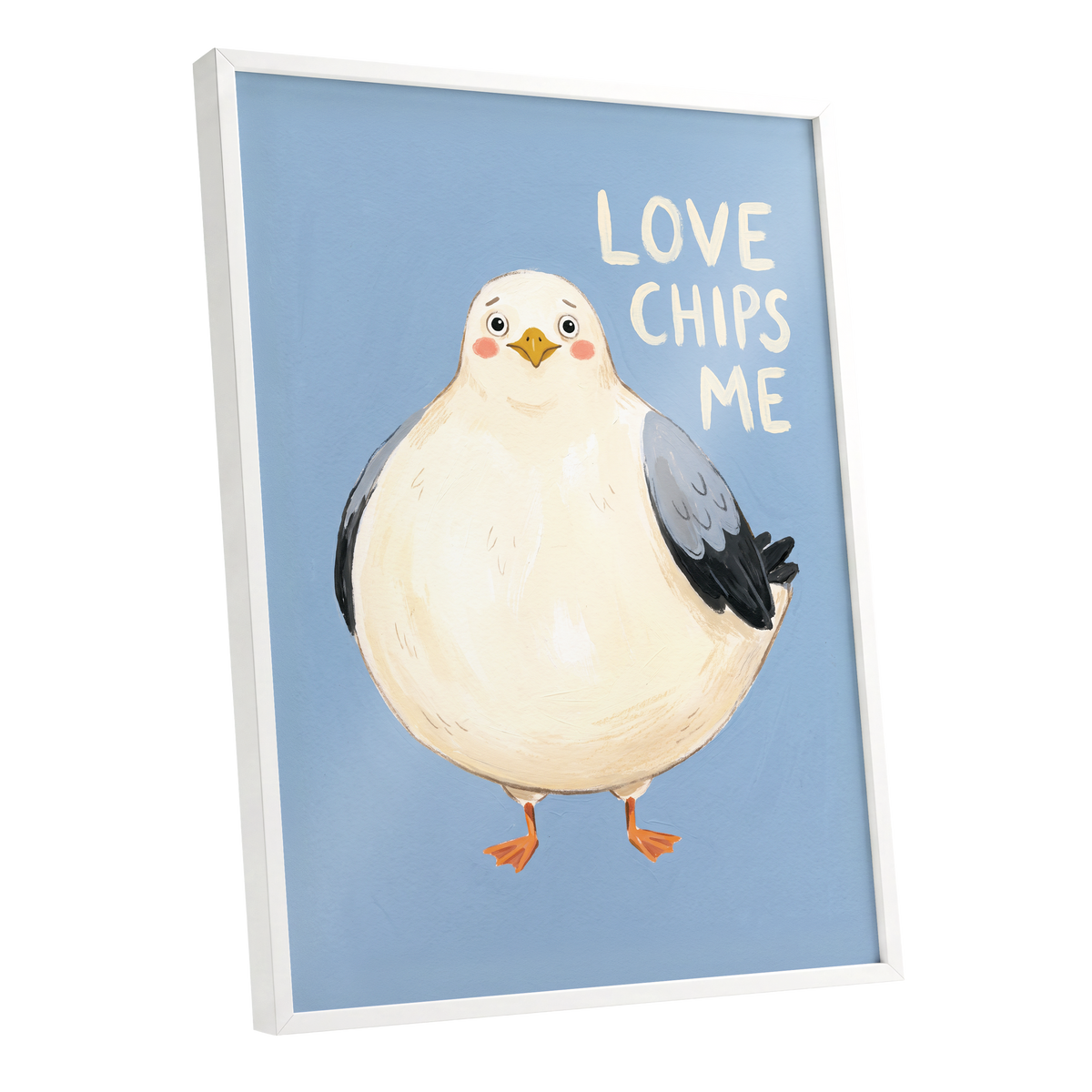Chips, Please!, blue, white, beige nature wall art shown as a white framed poster wall art print