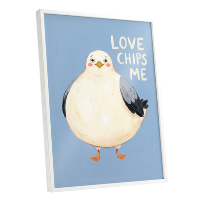 Chips, Please!, blue, white, beige nature wall art shown as a white framed poster wall art print