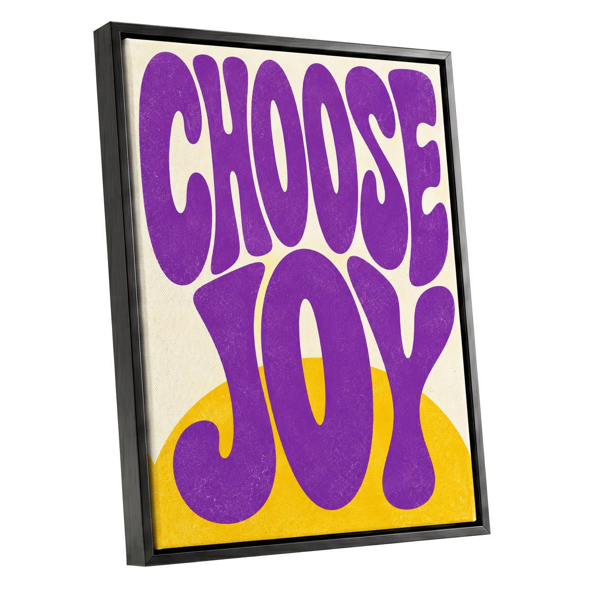 Choose Joy Purple Pop, purple, yellow, beige abstract wall art shown as a black framed canvas wall art