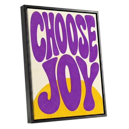 Choose Joy Purple Pop, purple, yellow, beige abstract wall art shown as a black framed canvas wall art