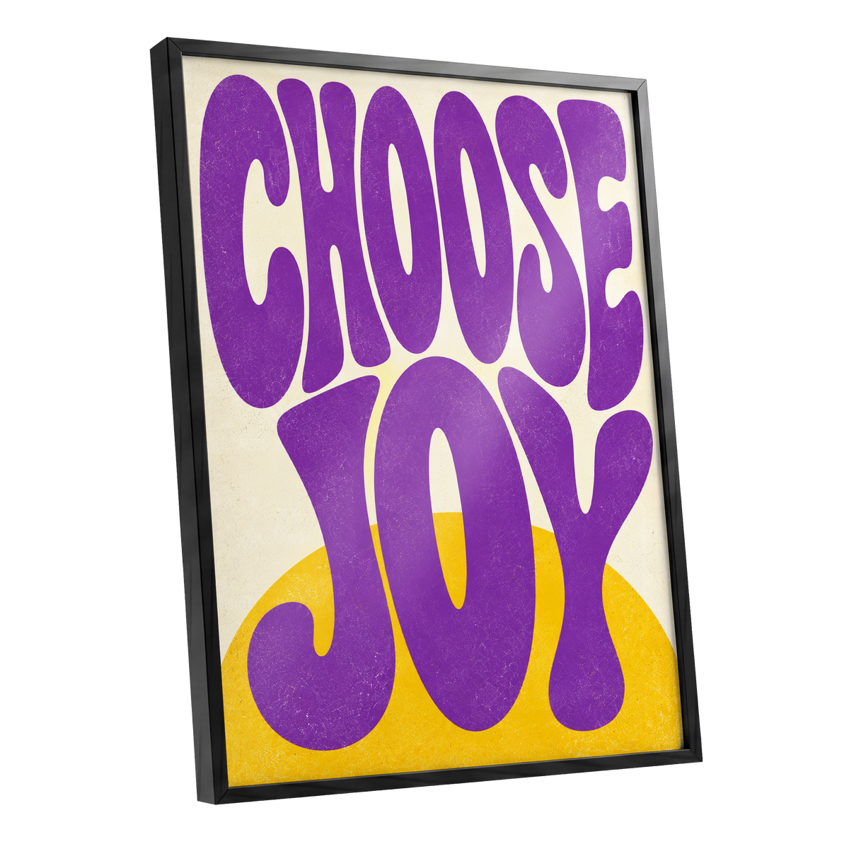 Choose Joy Purple Pop, purple, yellow, beige abstract wall art shown as a black framed poster wall art print