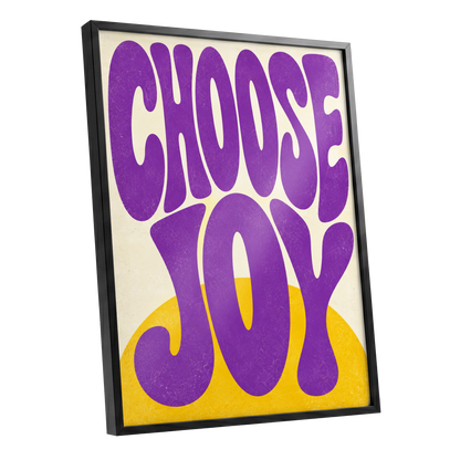 Choose Joy Purple Pop, purple, yellow, beige abstract wall art shown as a black framed poster wall art print
