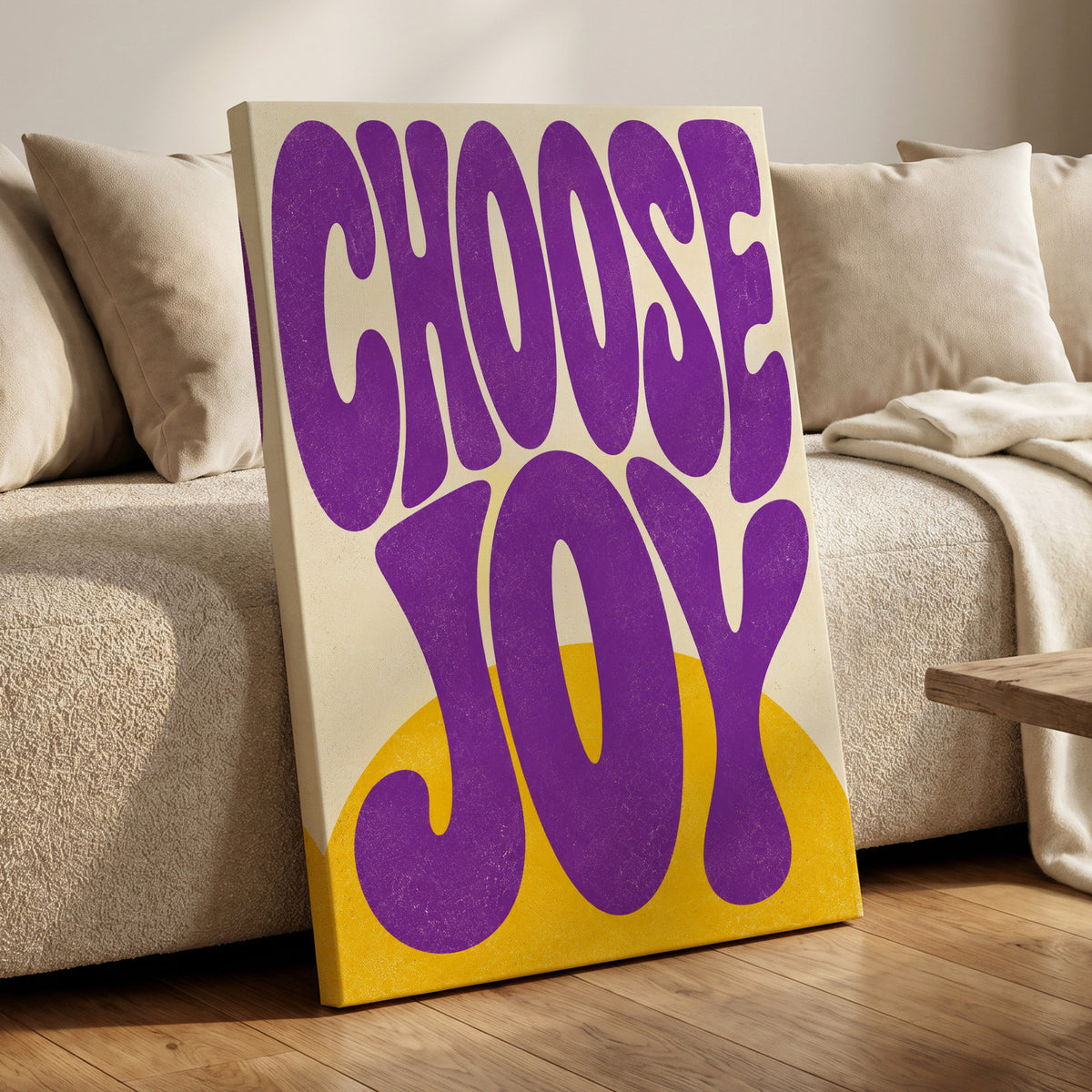 Choose Joy Purple Pop, purple, yellow, beige abstract wall art on canvas displayed in a styled interior, gallery view 1