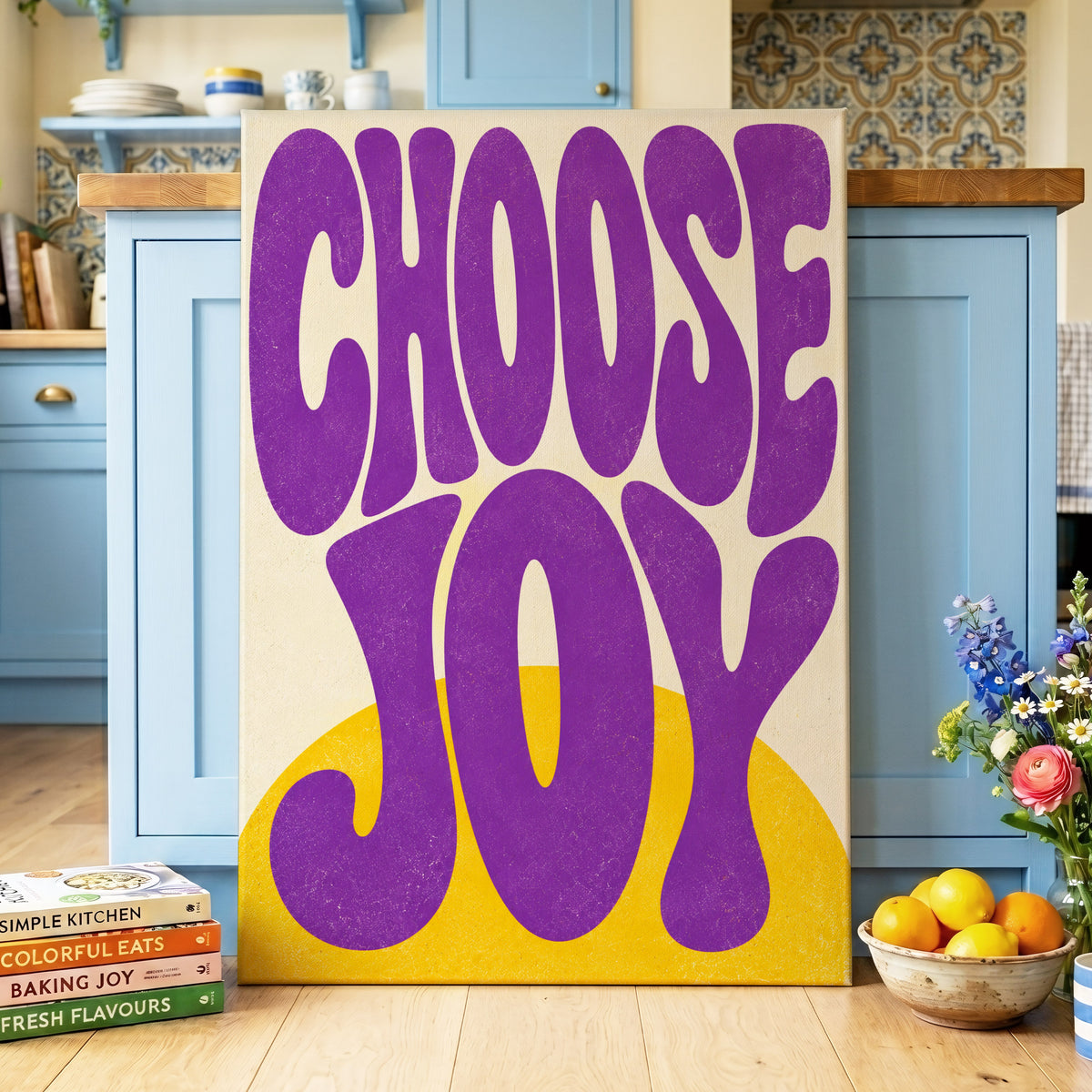 Choose Joy Purple Pop, purple, yellow, beige abstract wall art on canvas displayed in a styled interior, gallery view 2
