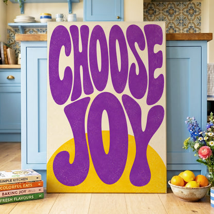 Choose Joy Purple Pop, purple, yellow, beige abstract wall art on canvas displayed in a styled interior, gallery view 2
