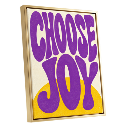 Choose Joy Purple Pop, purple, yellow, beige abstract wall art shown as a gold framed canvas wall art