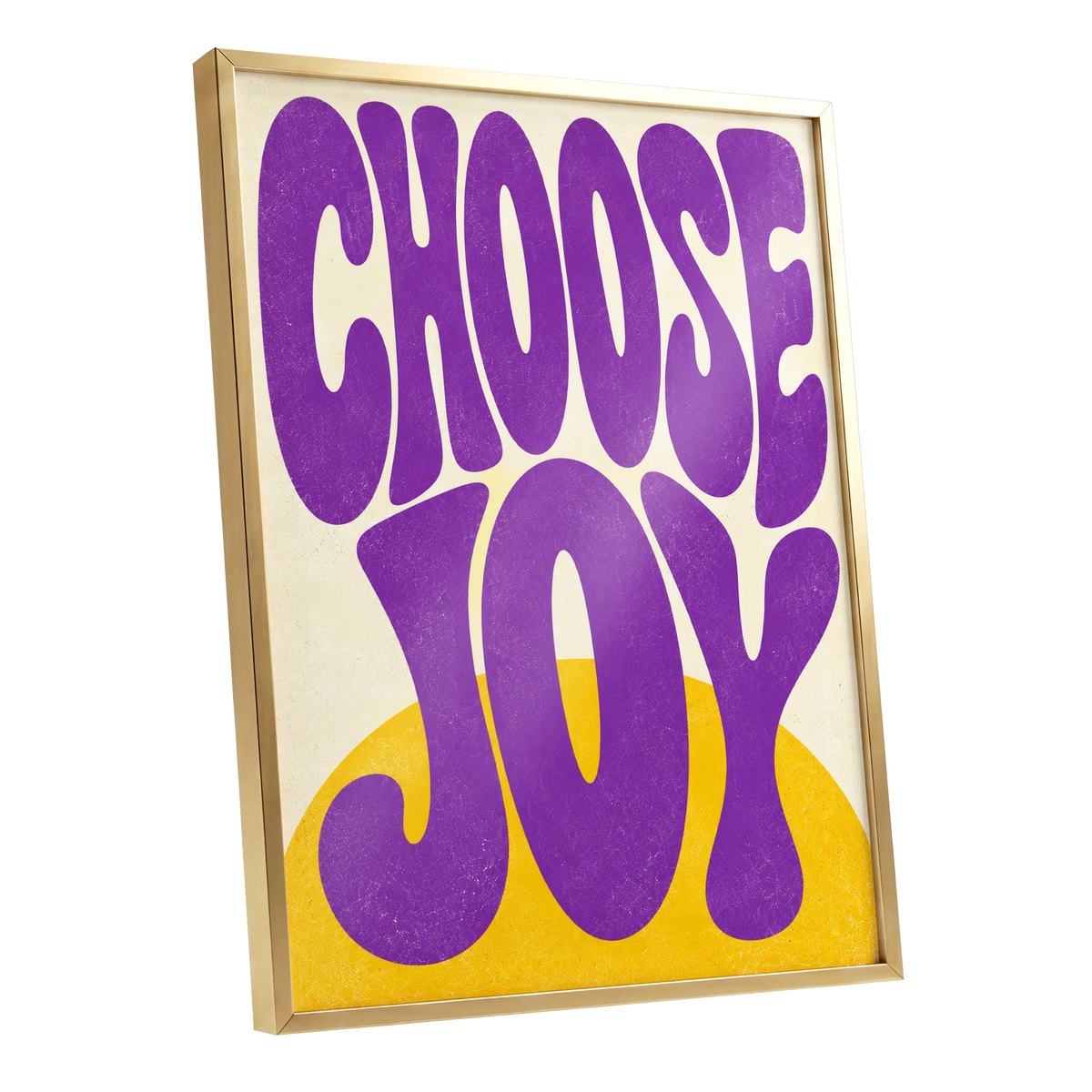 Choose Joy Purple Pop, purple, yellow, beige abstract wall art shown as a gold framed poster wall art print