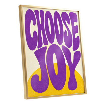 Choose Joy Purple Pop, purple, yellow, beige abstract wall art shown as a gold framed poster wall art print
