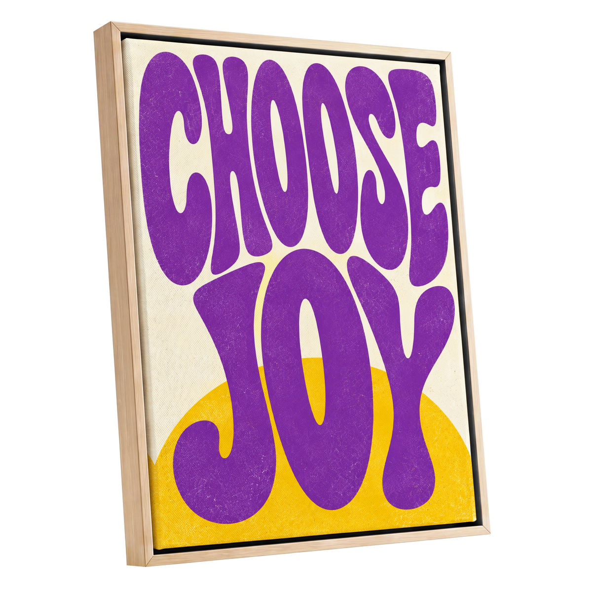 Choose Joy Purple Pop, purple, yellow, beige abstract wall art shown as a oak framed canvas wall art