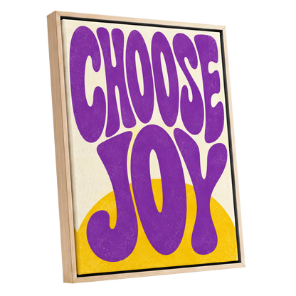 Choose Joy Purple Pop, purple, yellow, beige abstract wall art shown as a oak framed canvas wall art