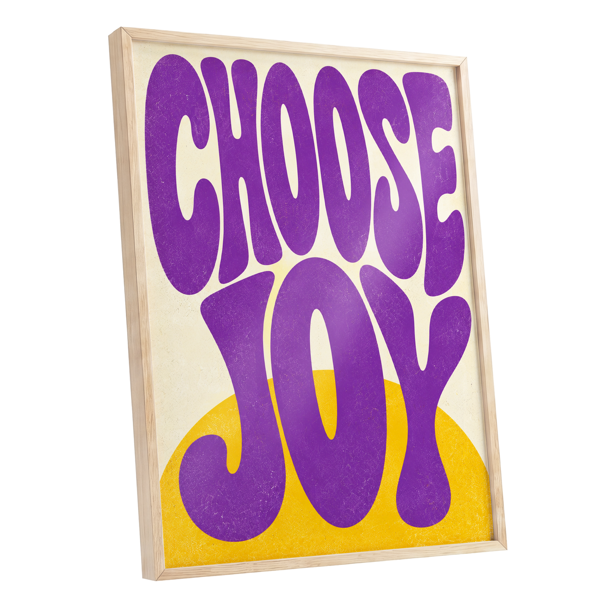 Choose Joy Purple Pop, purple, yellow, beige abstract wall art shown as a oak framed poster wall art print
