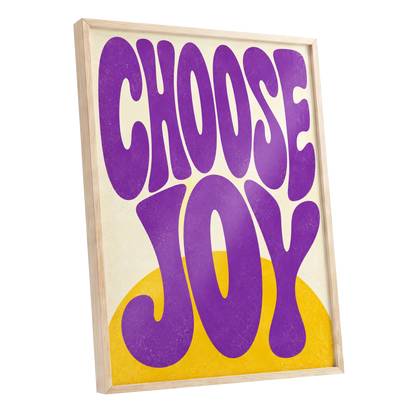 Choose Joy Purple Pop, purple, yellow, beige abstract wall art shown as a oak framed poster wall art print