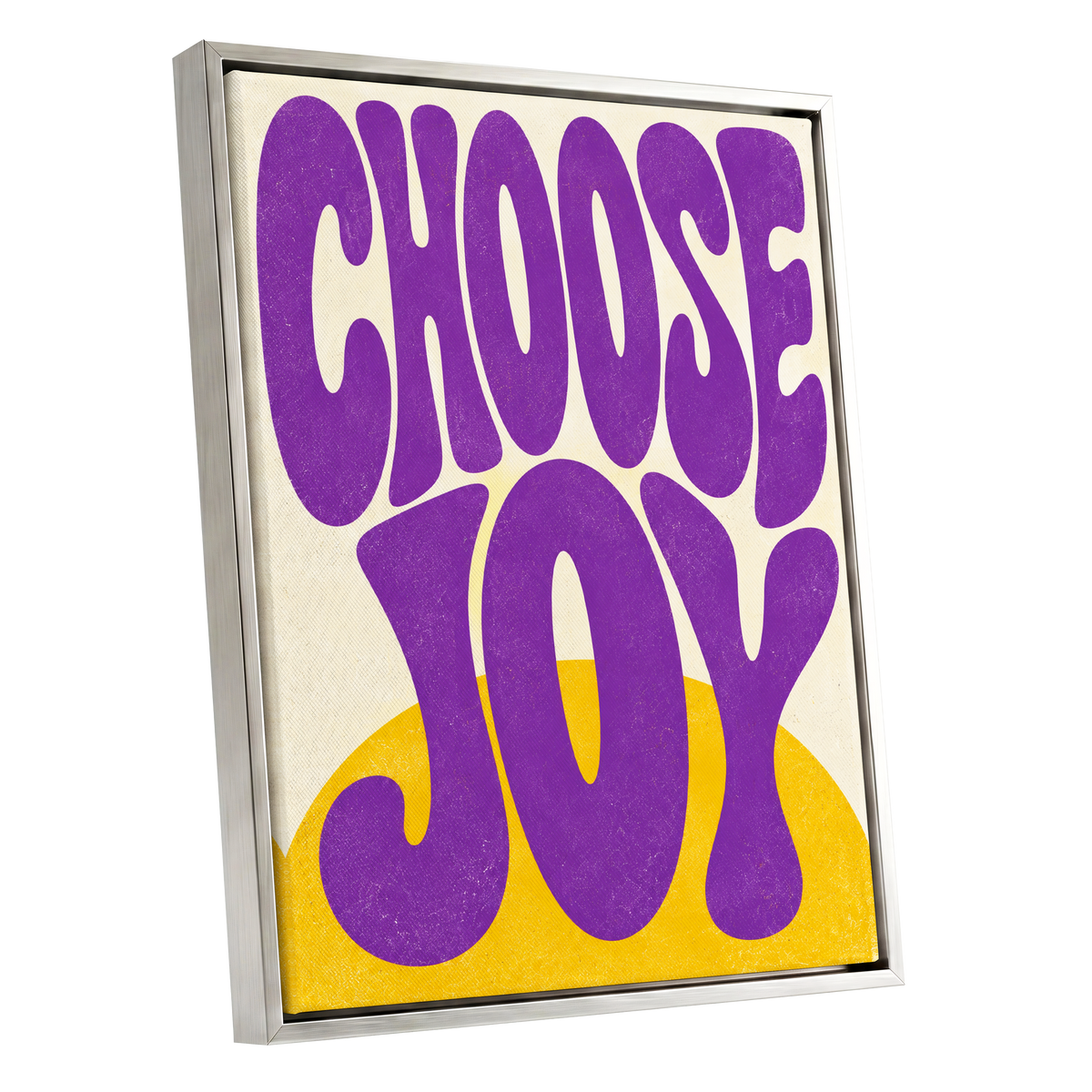 Choose Joy Purple Pop, purple, yellow, beige abstract wall art shown as a silver framed canvas wall art