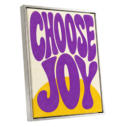 Choose Joy Purple Pop, purple, yellow, beige abstract wall art shown as a silver framed canvas wall art