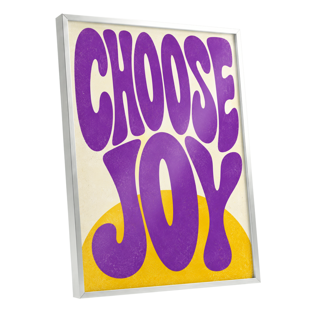 Choose Joy Purple Pop, purple, yellow, beige abstract wall art shown as a silver framed poster wall art print