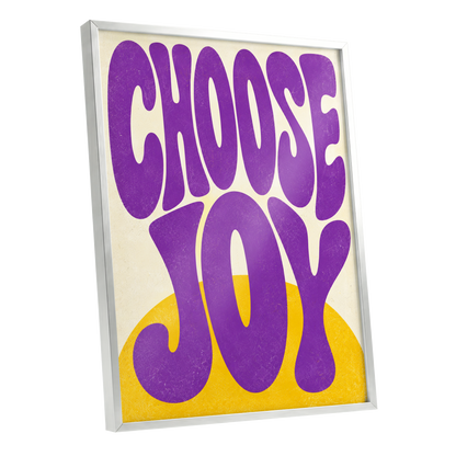 Choose Joy Purple Pop, purple, yellow, beige abstract wall art shown as a silver framed poster wall art print