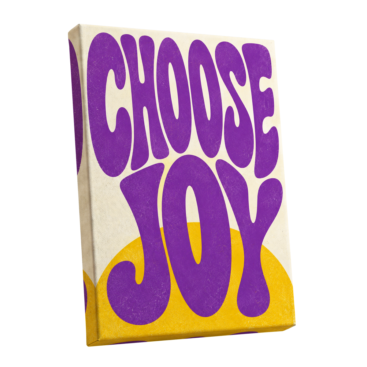 Choose Joy Purple Pop, purple, yellow, beige abstract wall art shown as a stretched canvas wall art