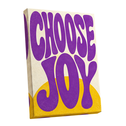 Choose Joy Purple Pop, purple, yellow, beige abstract wall art shown as a stretched canvas wall art