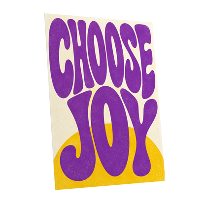 Choose Joy Purple Pop, purple, yellow, beige abstract wall art shown as a unframed poster wall art print