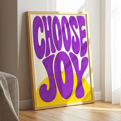 Choose Joy Purple Pop, purple, yellow, beige abstract wall art displayed in a styled interior, gallery view 1