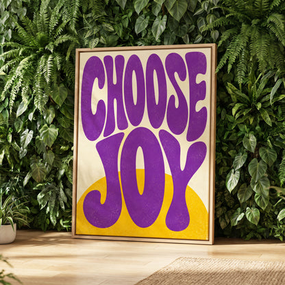 Choose Joy Purple Pop, purple, yellow, beige abstract wall art displayed in a styled interior, gallery view 2
