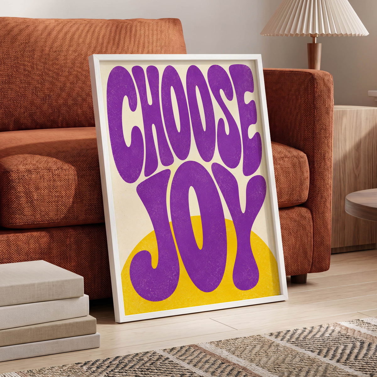 Choose Joy Purple Pop, purple, yellow, beige abstract wall art displayed in a styled interior, gallery view 3