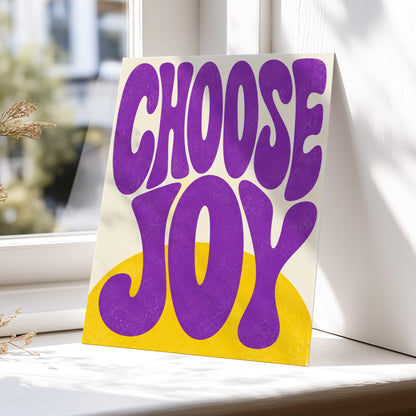 Choose Joy Purple Pop, purple, yellow, beige abstract wall art displayed in a styled interior, gallery view 4