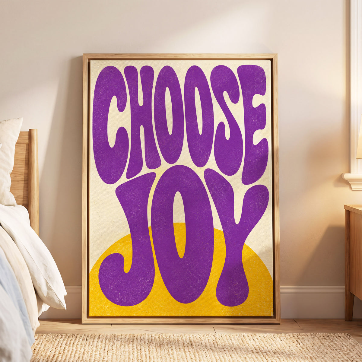 Choose Joy Purple Pop, purple, yellow, beige abstract wall art displayed in a styled interior, gallery view 5
