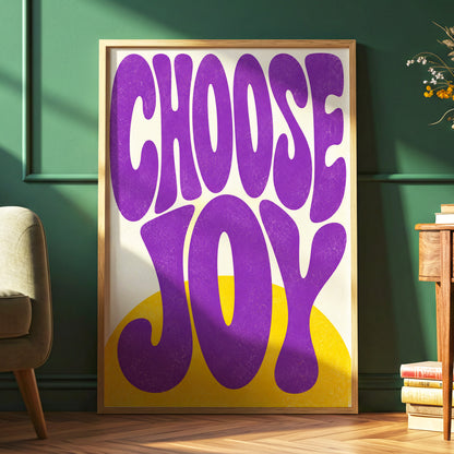 Choose Joy Purple Pop, purple, yellow, beige abstract wall art displayed in a styled interior, gallery view 6