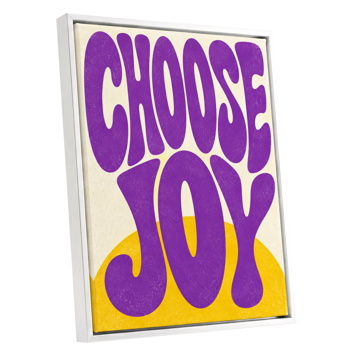 Choose Joy Purple Pop, purple, yellow, beige abstract wall art shown as a white framed canvas wall art