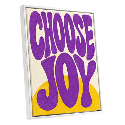 Choose Joy Purple Pop, purple, yellow, beige abstract wall art shown as a white framed canvas wall art