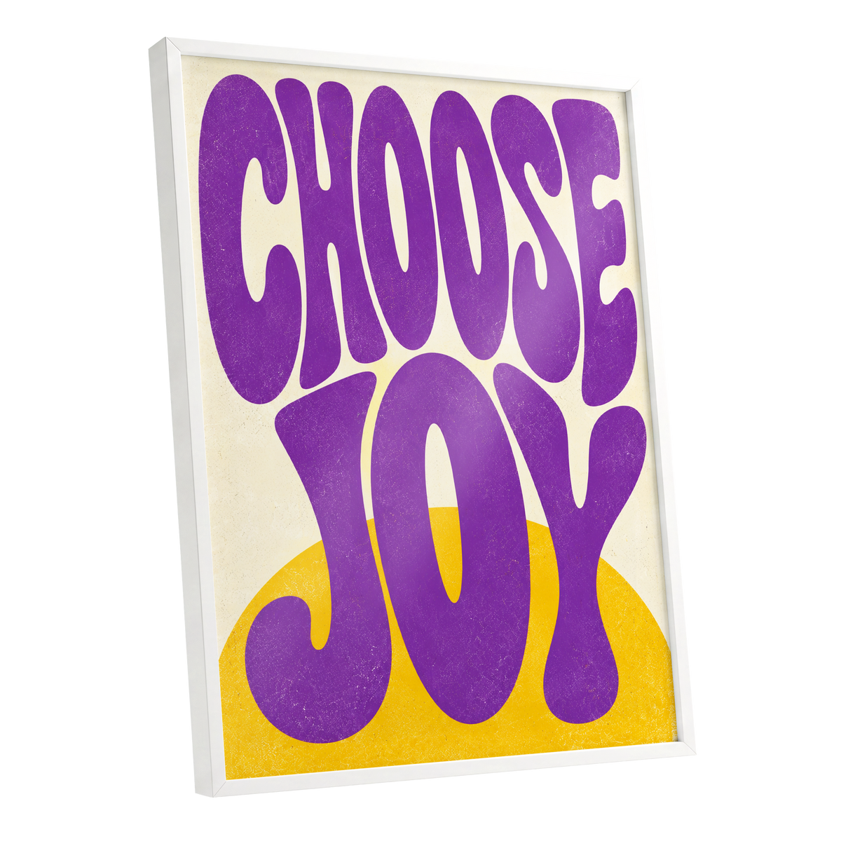 Choose Joy Purple Pop, purple, yellow, beige abstract wall art shown as a white framed poster wall art print