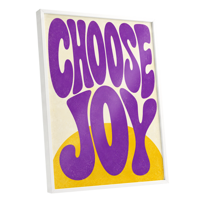 Choose Joy Purple Pop, purple, yellow, beige abstract wall art shown as a white framed poster wall art print
