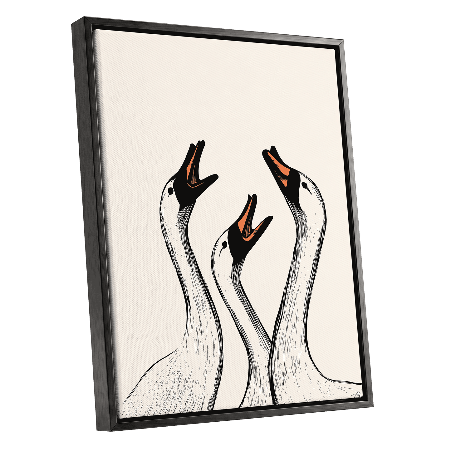 Chorus of Geese, black, beige, orange nature wall art shown as a black framed canvas wall art