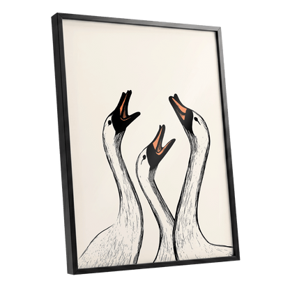Chorus of Geese, black, beige, orange nature wall art shown as a black framed poster wall art print