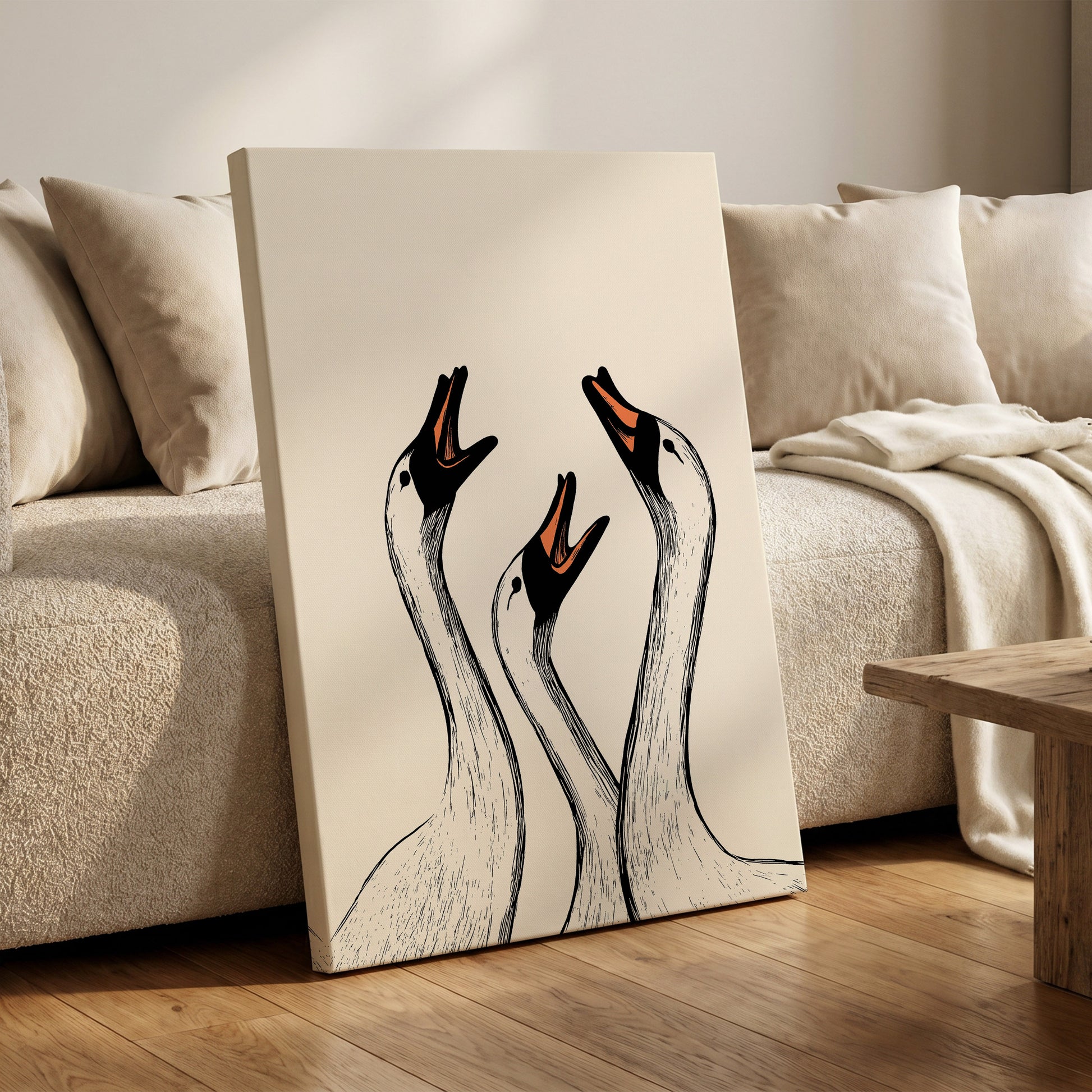 Chorus of Geese, black, beige, orange nature wall art on canvas displayed in a styled interior, gallery view 1