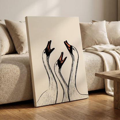 Chorus of Geese, black, beige, orange nature wall art on canvas displayed in a styled interior, gallery view 1