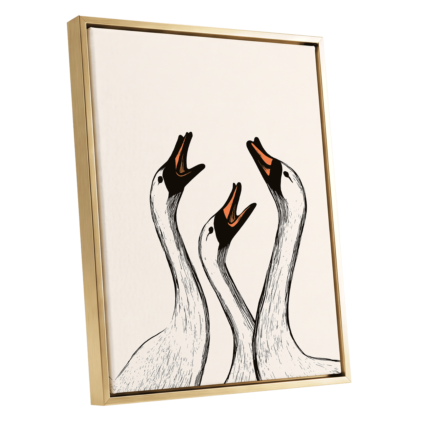 Chorus of Geese, black, beige, orange nature wall art shown as a gold framed canvas wall art