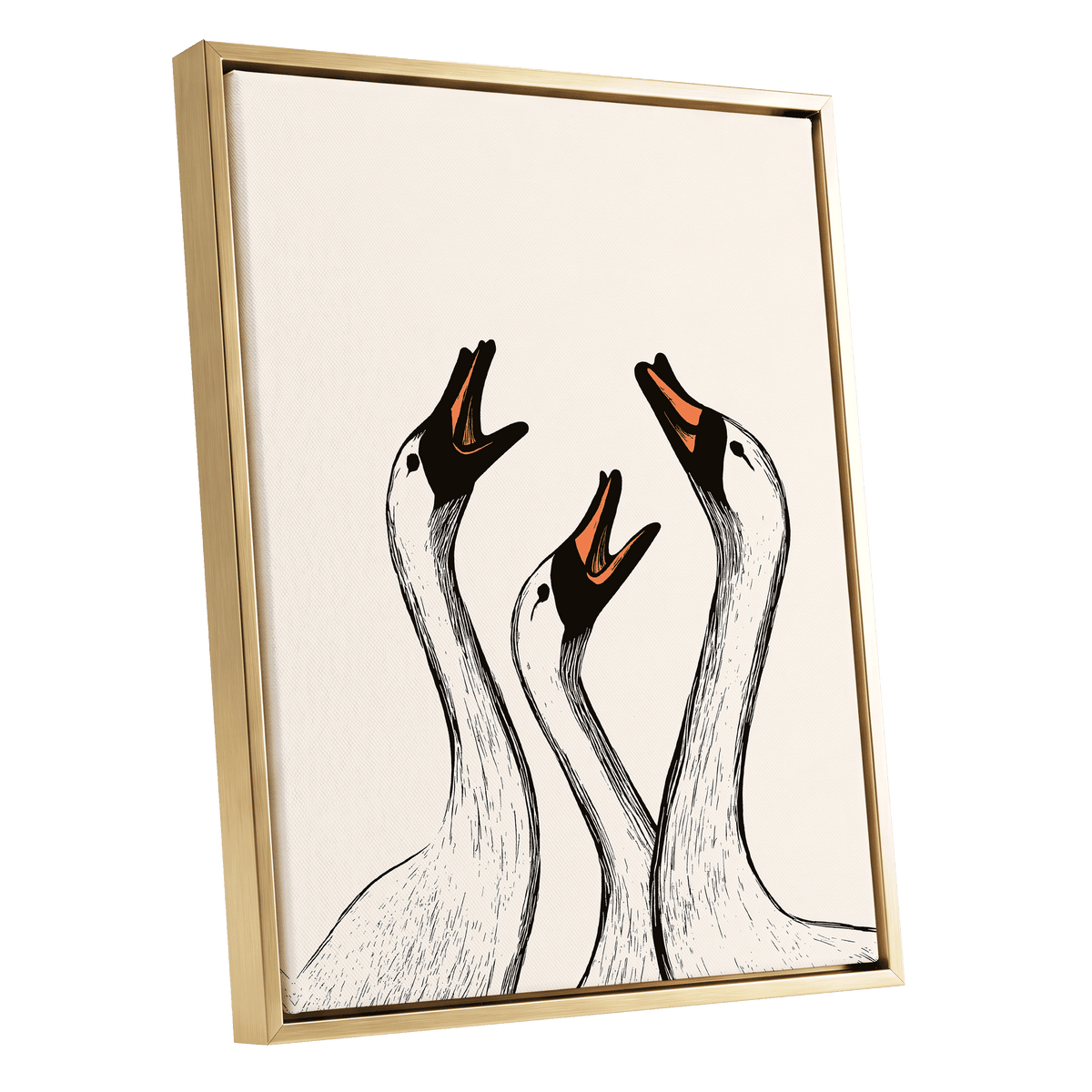 Chorus of Geese, black, beige, orange nature wall art shown as a gold framed canvas wall art