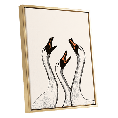Chorus of Geese, black, beige, orange nature wall art shown as a gold framed canvas wall art